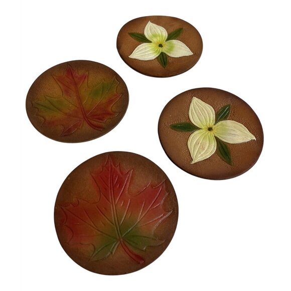 Round Leather Coasters Embossed Handpainted Floral Maple Leaf Canada Souvenirs 4 - Picture 3 of 7